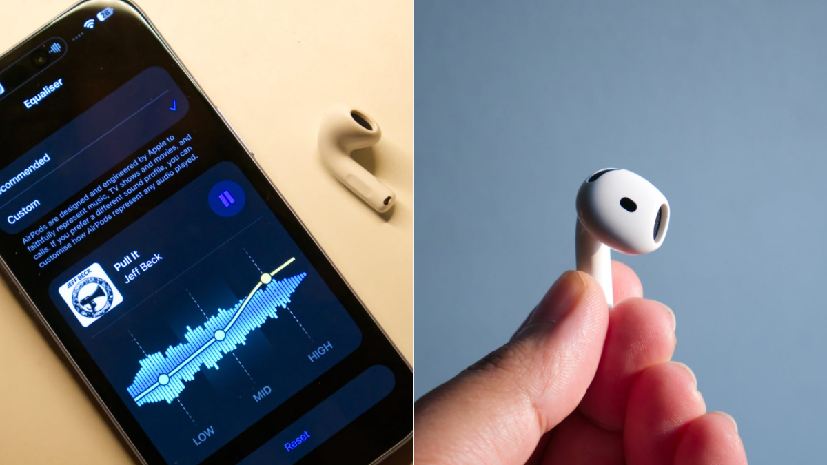 Воспроизведение музыки на iPhone и крупный план корпуса AirPods 5