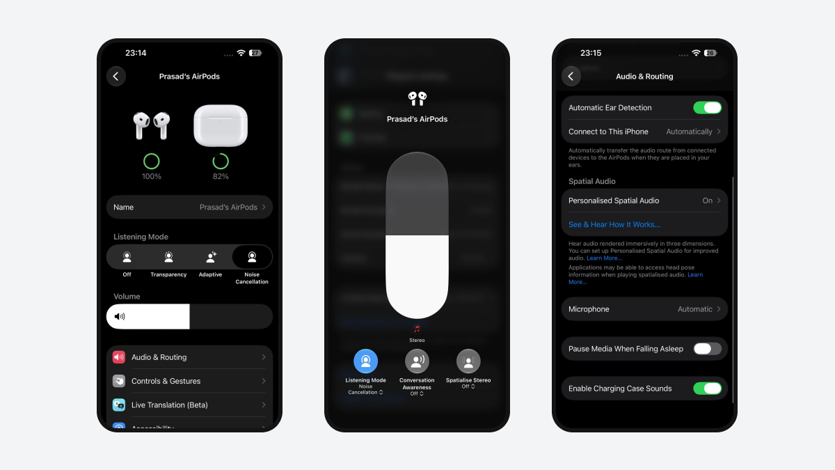 Реальные экраны настроек AirPods, режимов шумоподавления и параметров звука на iPhone