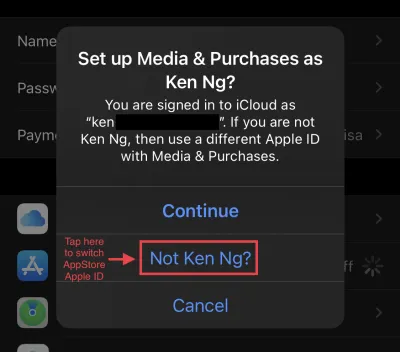 Окно настройки Media & Purchases: ссылка Not Ken Ng? выделена рамкой и стрелкой
