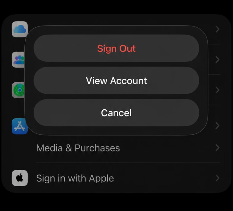 Меню Media & Purchases в iOS 26: красная кнопка Sign Out — «Выйти»