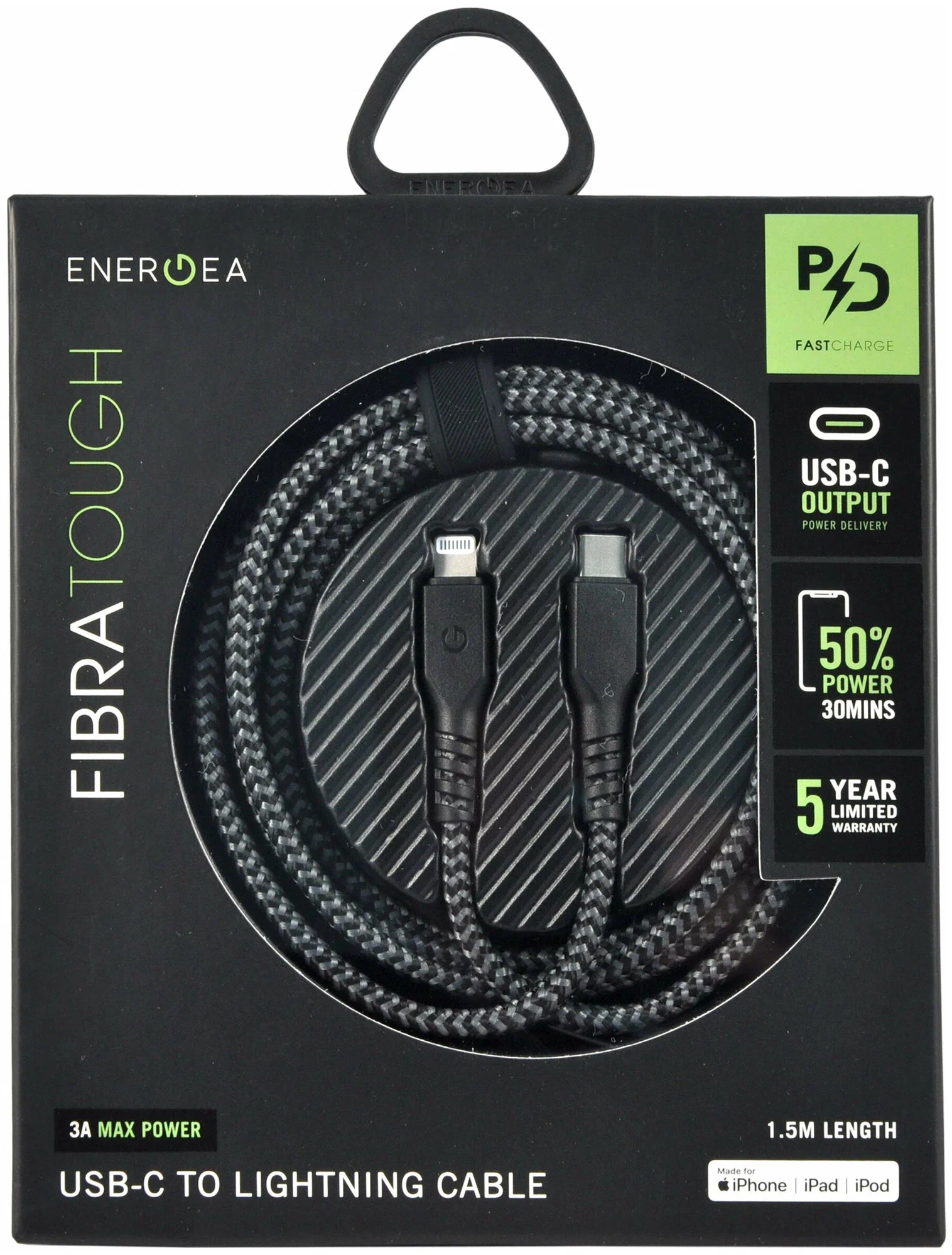 Кабель EnergEA Fibra Tough USB-C to Lightning MFI 1.5m черный CBL-FTCL-BLK150