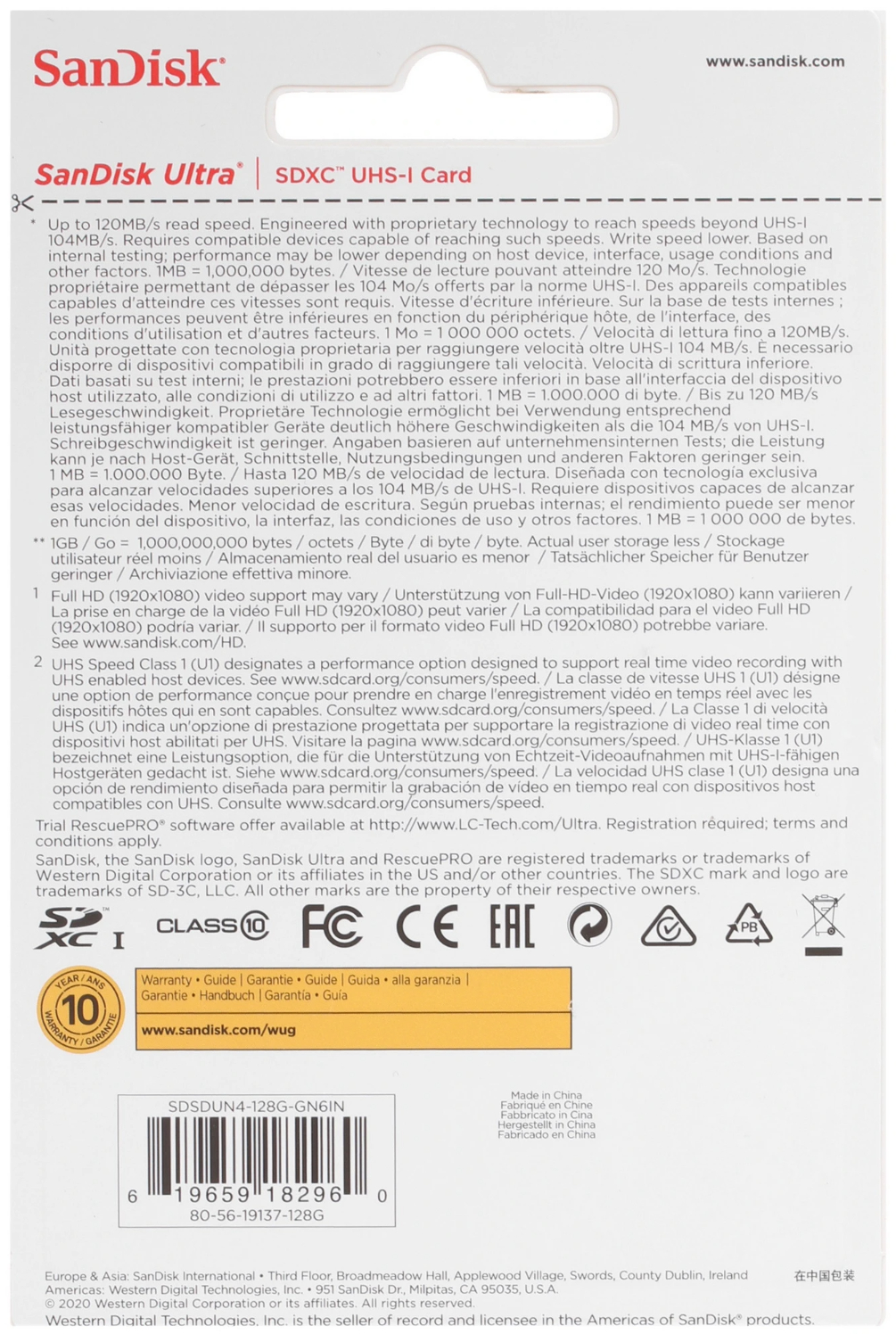 Карта памяти 128 ГБ Sandisk Ultra SDSDUN4-128G-GN6IN