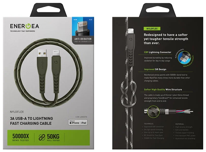 Кабель EnergEA NyloFlex Lightning to USB-A 1.5m MFI зеленый CBL-NF-GRN150