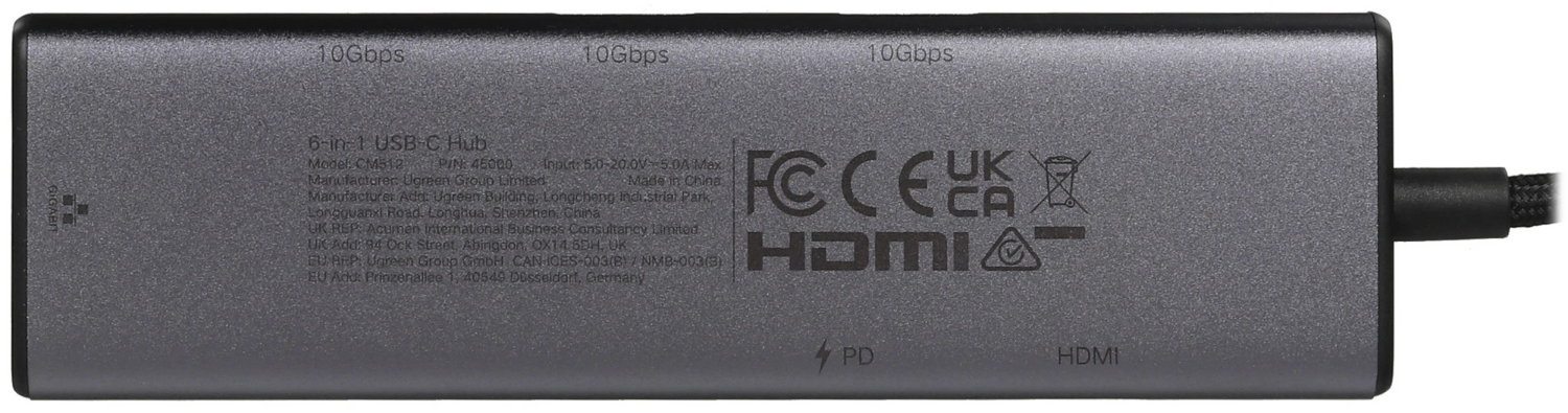 USB-разветвитель UGREEN CM512 USB-C to HDMI+2*USB 3.2 A+1*USB 3.2 C+RJ45+PD Power Converter серый