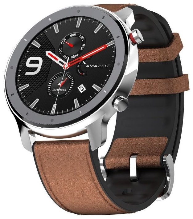 Смарт-часы Amazfit GTR 47mm серебристый с коричневым ремешком