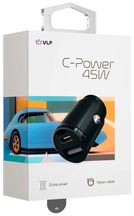 Автомобильная зарядка VLP С-Power 45W USB-C+USB-A PD QC кабель черный