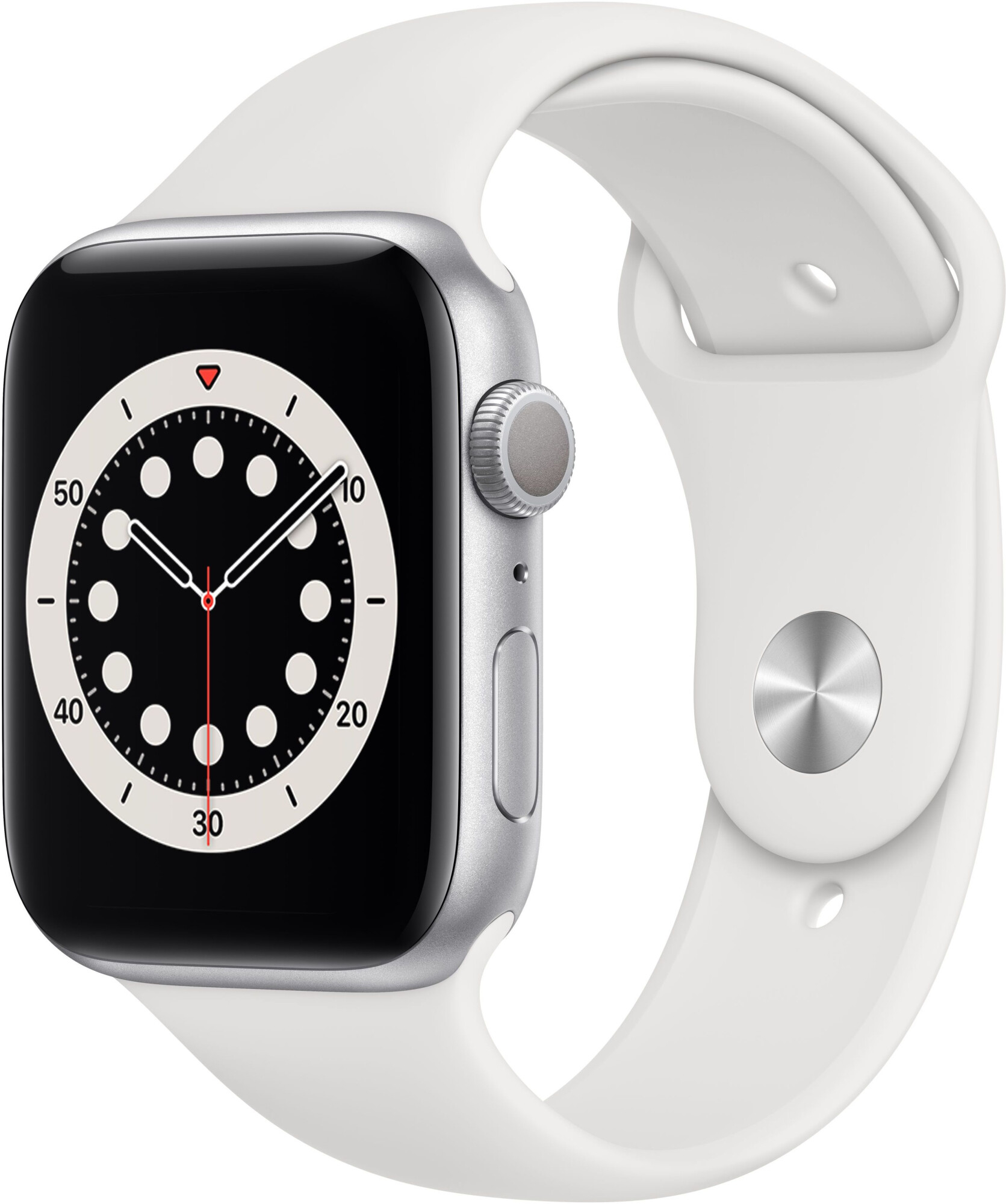 Смарт-часы Apple Watch Series 6 44mm серебристый с белым ремешком